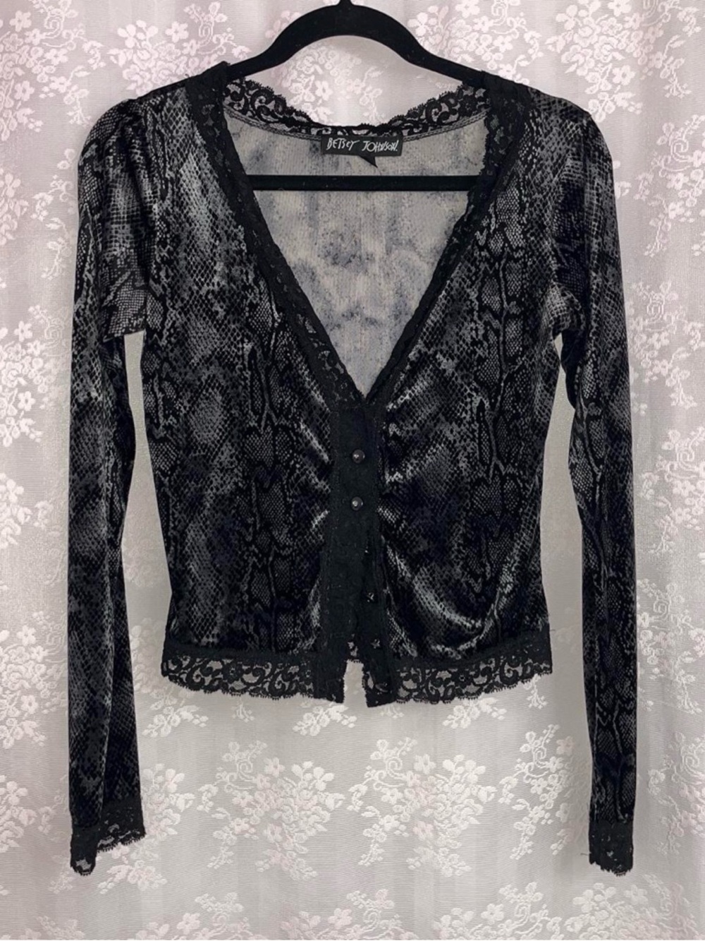 Betsey Johnson Black Velvet Lace-Trim Snake-Print Cardigan